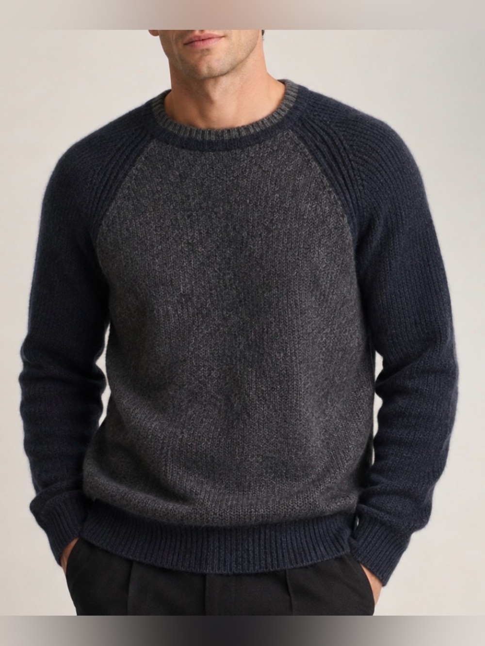 Wool Men's Two-Tone Crewneck Sweater in Charcoal & Navy